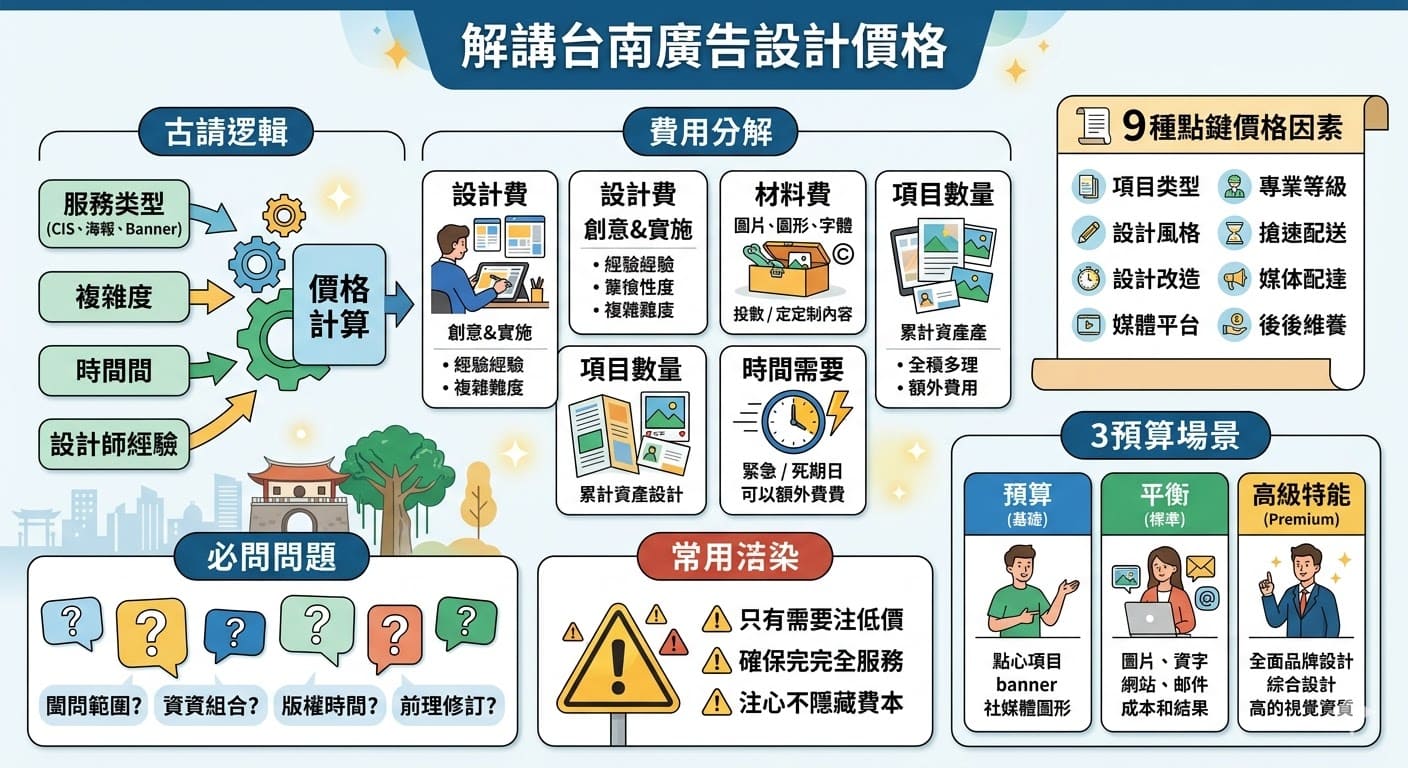 了解台南廣告設計費用是選擇設計服務的重要步驟。本篇文章將深入分析台南廣告設計的報價結構，從設計項目、設計師經驗到材料費用等多方面，幫助你清楚了解如何選擇符合預算與需求的設計方案。此外，提供了影響台南廣告設計價格的多個因素，並針對不同預算情境提供選擇建議，讓你在尋求設計服務時更具信心。