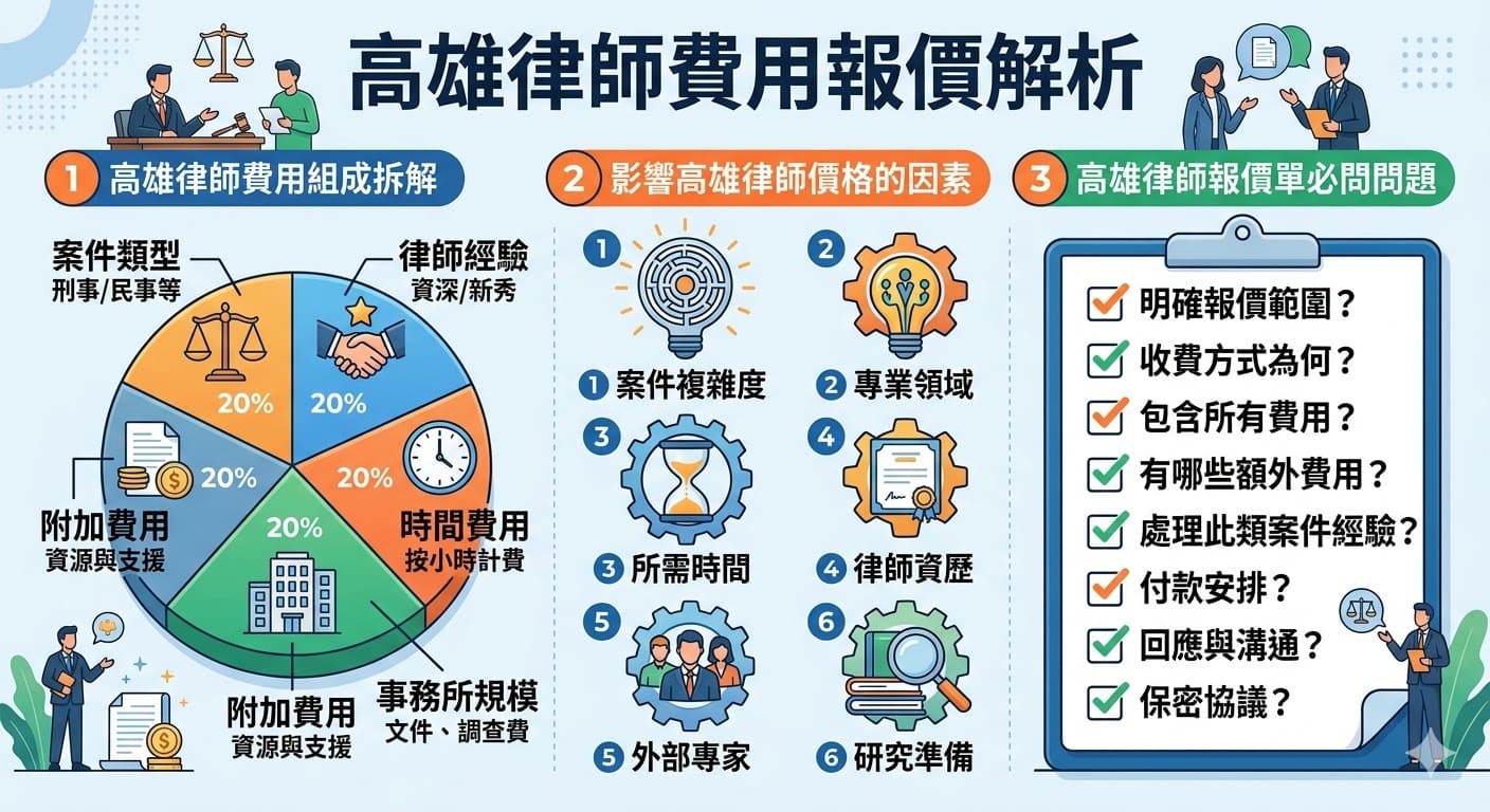 在選擇高雄律師時，了解律師服務費用的組成與影響因素至關重要。本文深入探討了高雄律師的報價邏輯，分析了案件類型、律師經驗等因素如何影響最終價格。此外，提供了高雄律師報價單必問的問題與常見陷阱，幫助讀者做出明智選擇，確保獲得透明、合理的法律服務報價。了解高雄律師的收費標準，避免不必要的額外費用，輕鬆掌握法律服務的選擇與準備。
